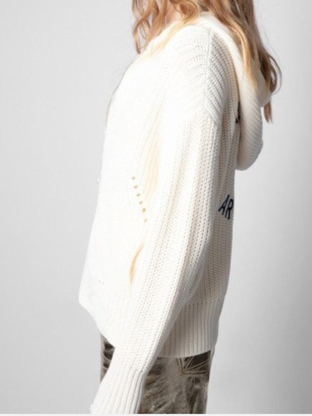 ZADIG & VOLTAIRE •  MOORE CREAM LOGO BACK ZIP UP HOODIE CARDIGAN SIZE MEDIUM - Picture 6 of 10